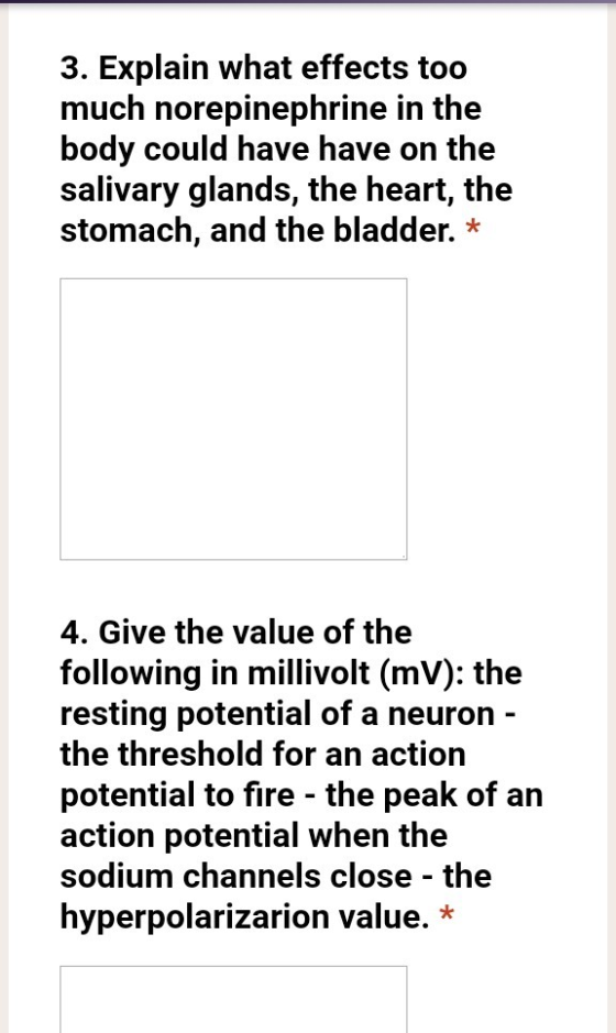3. Explain what effects too much norepinephrine in the body could have have on the salivary glands, the heart, the stomach, a