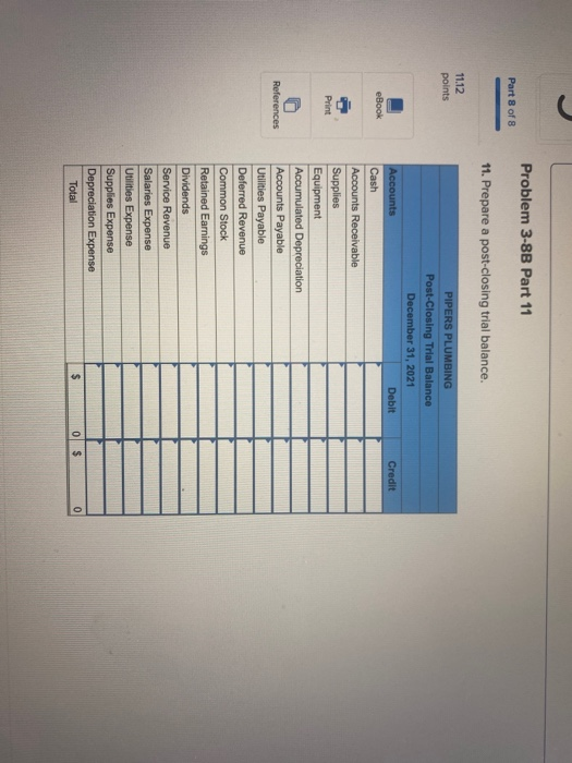 Problem 3-8B Part 11 Part 8 of 8 11. Prepare a post-closing trial balance. 11.12 points Credit eBook Print References PIPERS