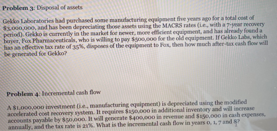 Problem 3: Disposal of assets Gekko Laboratories had purchased some manufacturing equipment five years ago for a total cost o