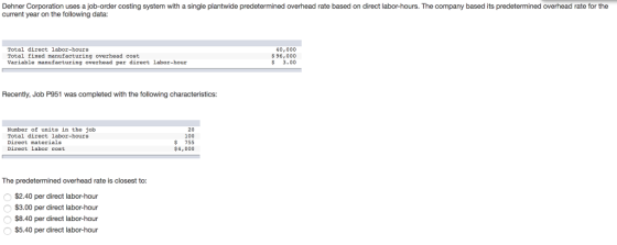 Dehner Corporation uses a job-order costing system with a single plantwide predetermined overhead rate based on direct labor-hours. The company based its predetermined overhead rate for the current year on the following data Total direct labor-hours Total fixed manufacturing overhead cost Variable nanufacturing overhead per direct labor-hour 40,000 96,000 $ 3.00 Recently, Job P951 was completed with the following characteristics: Number of units in the job Total direct labor-hours Direct materials Direct labor cost 20 100 두 755 $4,000 The predetermined overhead rate is closest to: $2.40 per direct labor-hour $3.00 per direct labor-hour $8.40 per direct labor-hour $5.40 per direct labor-hour