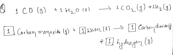 U i CO (g) + 1 Hz0W > 1C02(g) +142 (8) 1 Carbon monoxide (9) + 1] Water (e) → 1 Carbon dioxideg + I hydrogen (8)