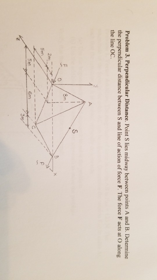 Problem 3. Perpendicular Distance. Point S lies midway between points A and B. Determine the perpendicular distance between S