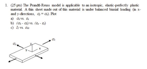 1. (25 pts) The Prandtd-Reuss model is applicable to an isotropic, elastic-perfectly plastic material. A thin sheet made out of this material is under balanced biaxial loading (in x and y-directions, Cx). Plot a) vs. a b) ( 0 vs. (&x a) c) Ivs. E Ox Ty