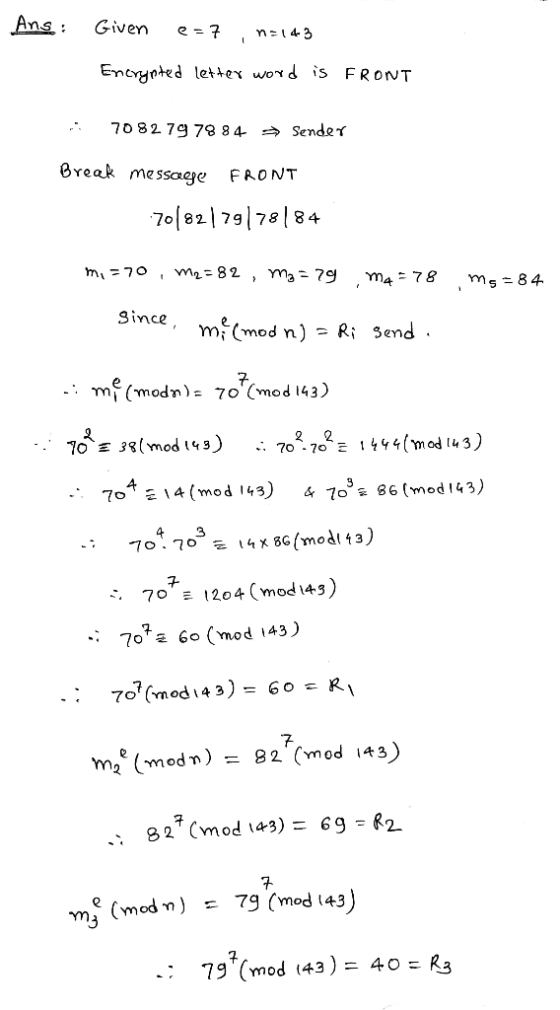 Given Entryoted lettex word is FRONT 70 82 79 78 84 SendeT ng: e=7 n-143 , Break messaeje FA.ONT 70 82 79 78 84 m47 ms 84 Sin