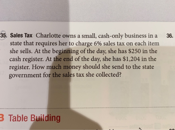 36. 35. Sales Tax Charlotte owns a small, cash-only business in a state that requires her to charge 6% sales tax on each item