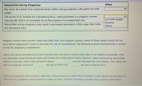 Effect Malnutrition During Pregnancy May occur as a result of an undernourished mother during pregnancy who gains too little
