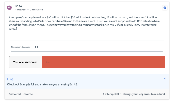 RA 4.5 Homework • Unanswered A companys enterprise value is $90 million. If it has $20 million debt outstanding, $2 million
