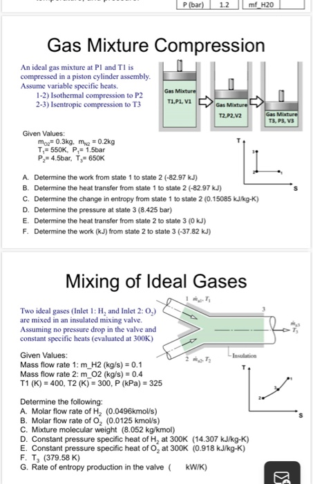 P(bar) 1.2 mf_H20 Gas Mixture Compression An ideal gas mixture at P1 and Tl is compressed in a piston cylinder assembly. Assu