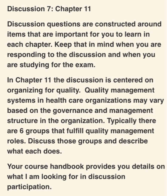 Discussion 7: Chapter 11 Discussion questions are constructed around items that are important for you to learn in each chapte