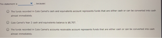 This statement is , because: The funds recorded in Cute Camels cash and equivalents account represents funds that are either