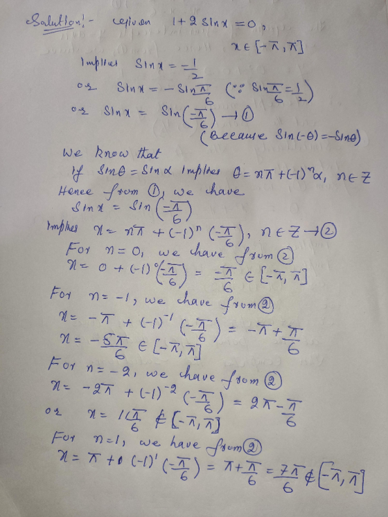Salution - ceis on 1+2 Sinx =0, nefn] Implenes sinx= -1 og Sina=- sinh v Sinn = 1) or Sinx = sin( I) 0 (Because Sint-O) =-Sin