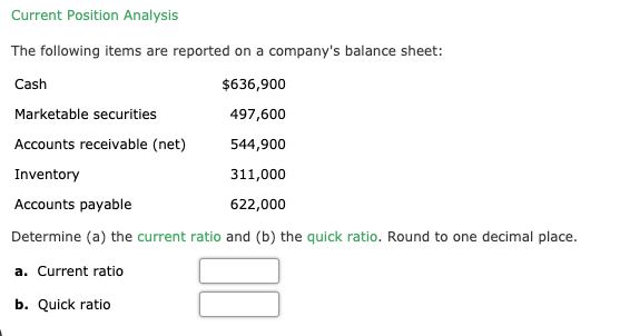Current Position Analysis The following items are reported on a companys balance sheet: Cash $636,900 Marketable securities