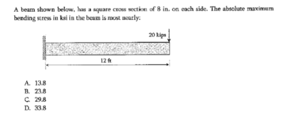 A beam shown below, has a square cross section of 8 in. on each side. The absolute maximum bending stress in ksi in the beam