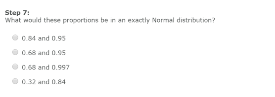 Step 7: What would these proportions be in an exactly Normal distribution? 0.84 and 0.95 0.68 and 0.95 0.68 and 0.997 0.32 and 0.84