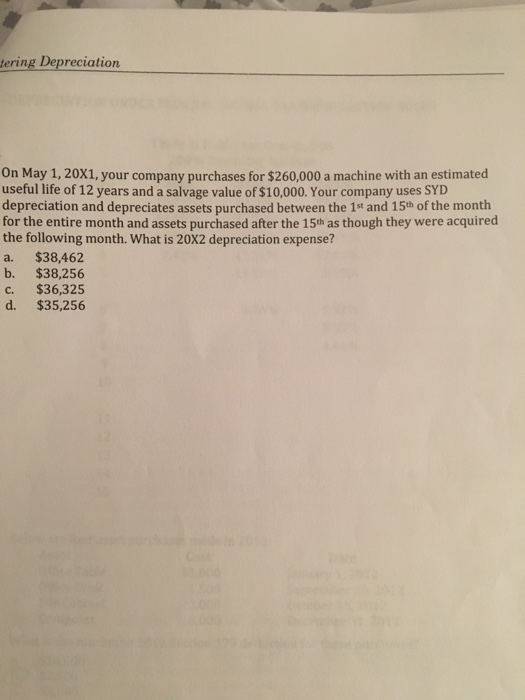 tering Depreciation On May 1, 20X1, your company purchases for $260,000 a machine with an estimated useful life of 12 years and a salvage value of $10,000. Your company uses SYD depreciation and depreciates assets purchased between the 1st and 15th of the month for the entire month and assets purchased after the 15th as though they were acquired the following month. What is 20X2 depreciation expense? a. $38,462 b. $38,256 c. $36,325 d. $35,256