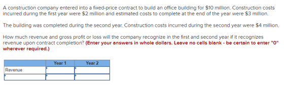 A construction company entered into a fixed-price contract to build an office building for $10 million. Construction costs in