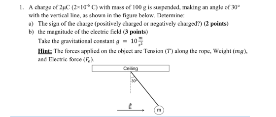1. A charge of 2uC (2x10 C) with mass of 100 g is suspended, making an angle of 30° with the vertical line, as shown in the figure below. Determine: a) The sign of the charge (positively charged or negatively charged?) (2 points) b) the magnitude of the electric field (3 points) Take the gravitational constant g10 Hint: The forces applied on the object are Tension (T) along the rope, Weight (mg), and Electric force (Fe). s2 Ceilin