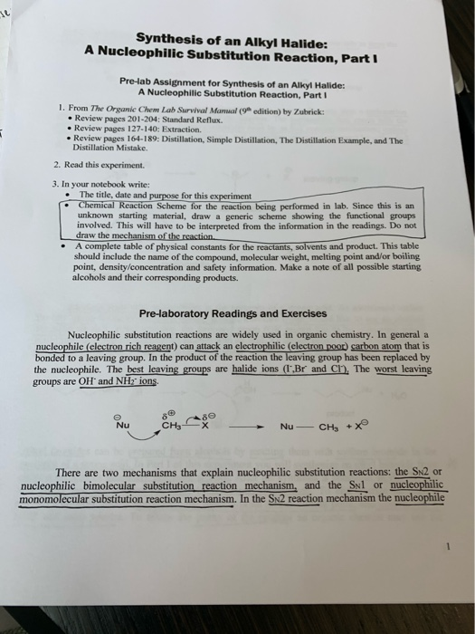 Synthesis of an Alkyl Halide: A Nucleophilic Substitution Reaction, Part I Pre-lab Assignment for Synthesis of an Alkyl Halid