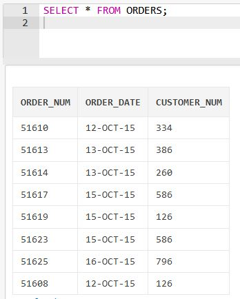 1 SELECTFROM ORDERS; ORDER NUM ORDER DATE CUSTOMER NUM 51610 12-ост-15 334 51613 13-OCT-15 386 51614 13-ост-15 260 51617 15-О