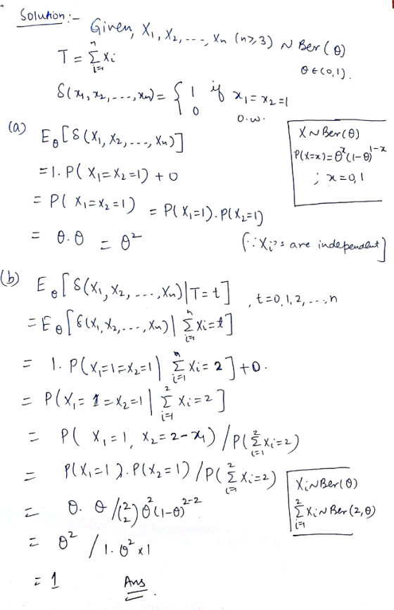 Solo Soluhion:- Given, X,,X,, Y (,3) N Ber (e) 0. . Xis are 1 f) 2 2 2-2 Prns