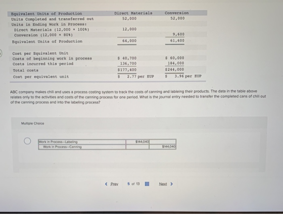 Direct Materials 52,000 Conversion 52,000 Equivalent Units of Production Units Completed and transferred out Units in Ending