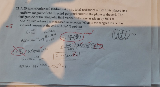 12. A 20-turn circular coil (radius = 4.0 cm, total resistance = 0.20 2) is placed in a uniform magnetic field directed perpe