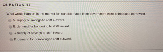 QUESTION 17 What would happen in the market for loanable funds if the government were to increase borrowing? A. supply of sav