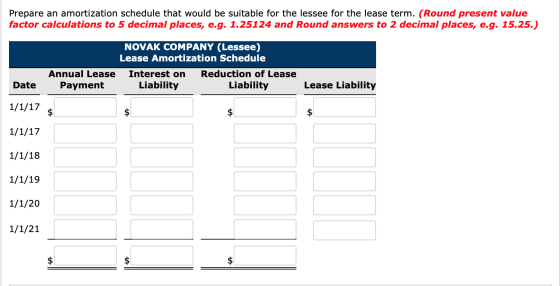 Prepare an amortization schedule that would be suitable for the lessee for the lease term. (Round present value factor calcul