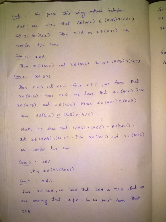 this using mdual inclusion Sin We Pree prove (ADB)n (AUC) are Au CBnc) shew that First we LE We on elBnc xEA det xE AU (Bnc)
