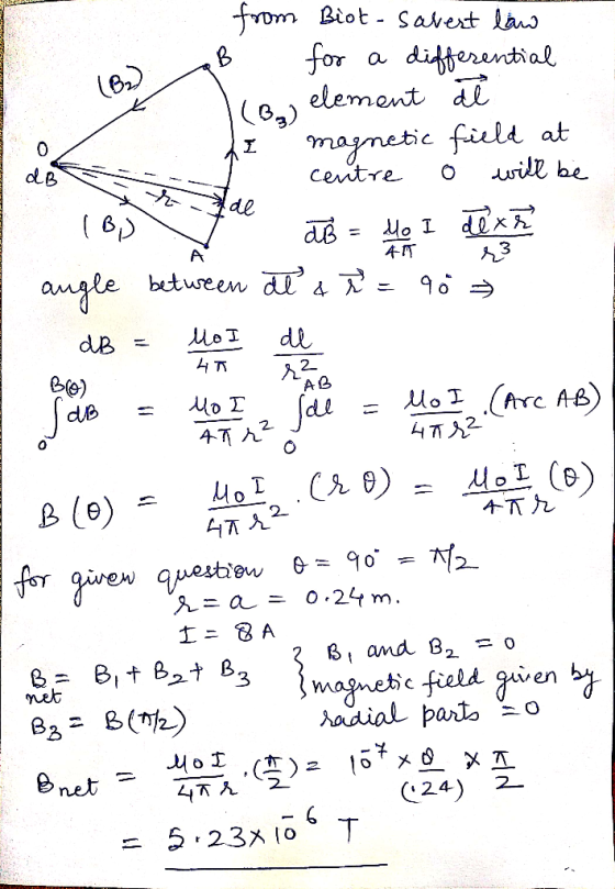 AM 3 I dB = Mot de la 4T AB . from Biot-savert law B for a differential x (B₂) element al magnetic field at centre o will be