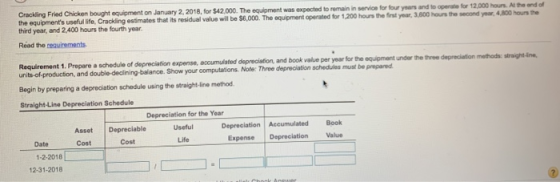 Cracking Fried Chicken bought equipment on January 2, 2018, for $42 000. The equipment was expected to remain in service for