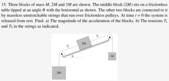 15. Three blocks of mass M, 2M and 3M are shown. The middle block (2M) sits on a frictionless table tipped at an angle o with