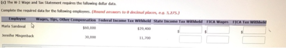 (c) The W-2 Wage and Tax Statement requires the following dollar data Complete the required data for the following employees.