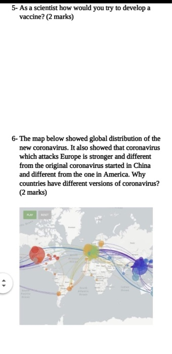 5- As a scientist how would you try to develop a vaccine? (2 marks) 6- The map below showed global distribution of the new co