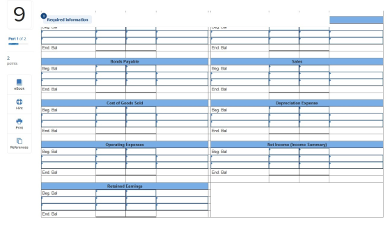 Required information Dey. Lai Lucy. Dai Part 1 of 2 End. Bal End. Bal Bonds Payable points Beg. Bal Beg. Bal eBook End. Bal E
