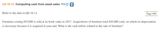 QS 16-12 Computing cash from asset sales P3 Q Refer to the data in QS 16-11. Page 699 Furniture costing $55,000 is sold at it