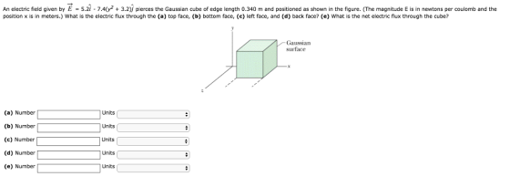 An electric field given by E 5.2i - 7.4(y2 3.2)j pierces the Gaussian cube of edge length 0.340 m and positioned as shown in the figure. (The magnitude E is in newtons per coulomb and the position x is in meters.) What is the electric flux through the (a) top face, (b) bottom face, (c) left face, and (d) back face? (e) What is the net electric flux through the cube? Gaussian surface (a) Number Units (b) NumberUnits (c) Number (d) Number (e) Number Units Units Units