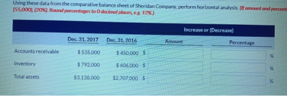 Using these data from the comparative balance sheet of Sheridan Company, perform horizontal analysis. (if amount and percent