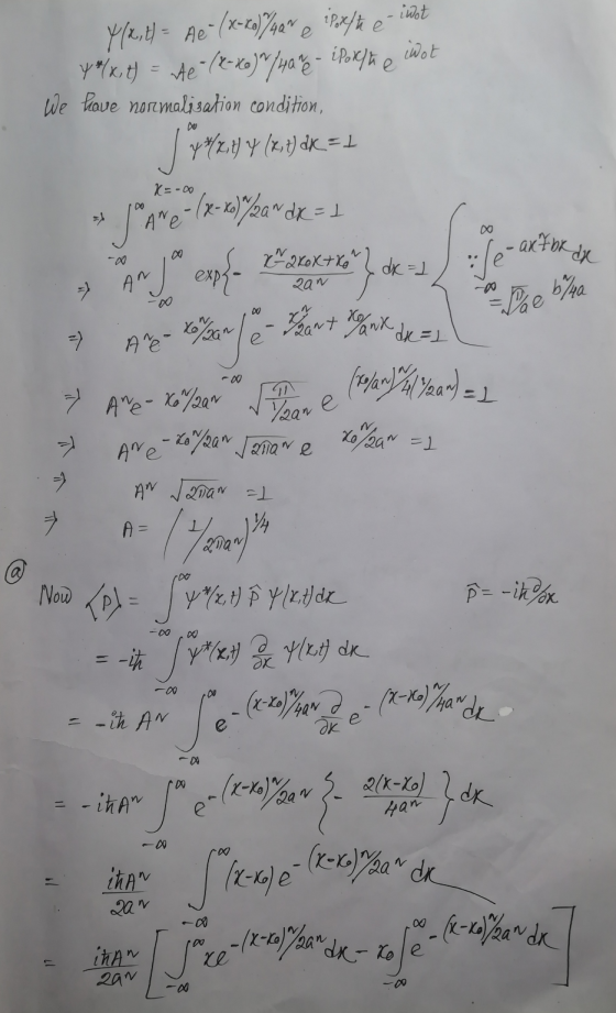 4/2,4 = Ae- (x-10) / Paxt the inst Y*x, t) = he (x-xo) / Hare - iPort the inot We have normalisation condition, 1*2,44 (2,7)