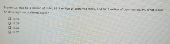 Bryant Co. has $1.1 million of debt, $1.5 million of preferred stock, and $2.2 million of common equity. What would be its we