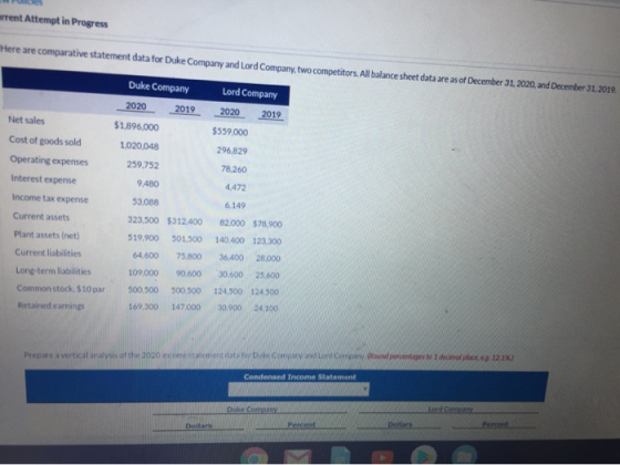 ant Attempt in Progress we are comparative statement data for Duke Company and Lord Company, two competitors. All balance she