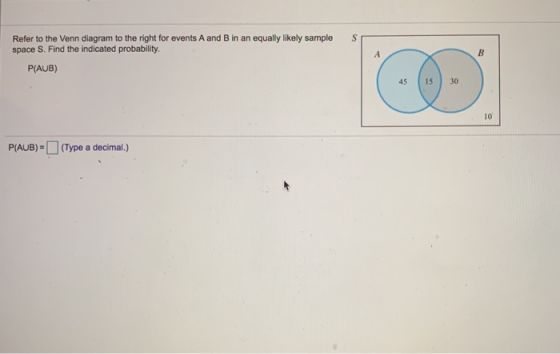 SI Refer to the Venn diagram to the right for events A and B in an equally likely sample space S. Find the indicated probabil