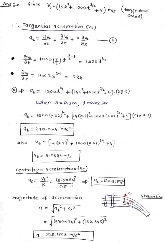 3 enal Sreed . Tangential qccelesahon Cat) d at O s ou = 1000 (3)士 aヒ 2. 2-1 2o.o4 ms V- 8.0884m/s centrifu cceleration a R. CSbream lins mag nitude of accelexation