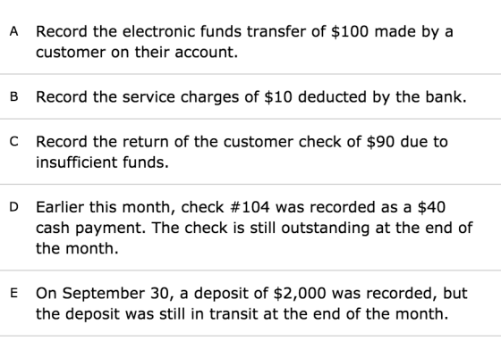 A Record the electronic funds transfer of $100 made by a customer on their account. B Record the service charges of $10 deduc