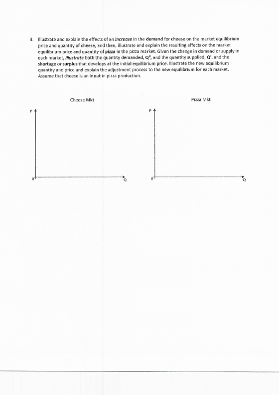 3. Illustrate and explain the effects of an increase in the demand for cheese on the market equilibrium price and quantity of
