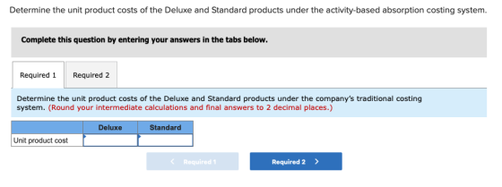 Determine the unit product costs of the Deluxe and Standard products under the activity-based absorption costing system. Comp