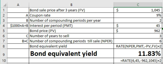 Bond sale price after 3 years (FV) A Coupon rate B Number of compounding periods per year 1,045 9% 2 45 962 4 | $1000xA+B|Int