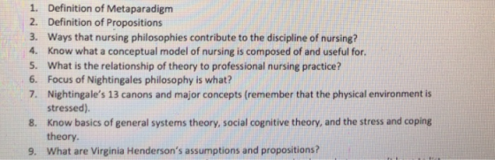 1. 2. 3. 4. s. 6. 7. Definition of Metaparadigm Definition of Propositions Ways that nursing philosophies contribute to the d