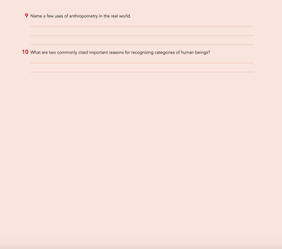 9 Name a few uses of anthropometry in the real world. 10 What are two commonly cited important reasons for recognizing catego