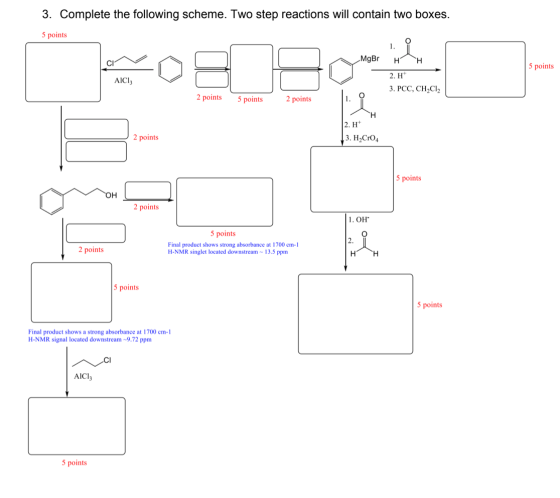 3. Complete the following scheme. Two step reactions will contain two boxes. 5 points MgBr H CI 5 points AICI: 2. H 3. PCC, C